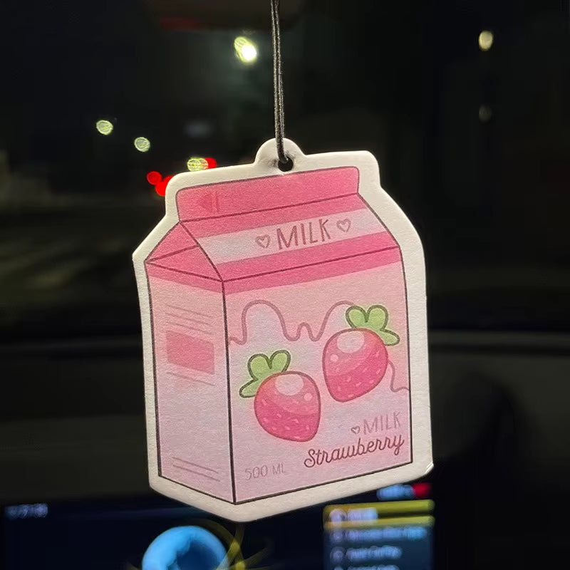 Car Aromatherapy Perfume Air Freshener Japanese Cartoon Anime Rearview Mirror Fragrance Pendant Air Outlet Pink Strawberry Milk