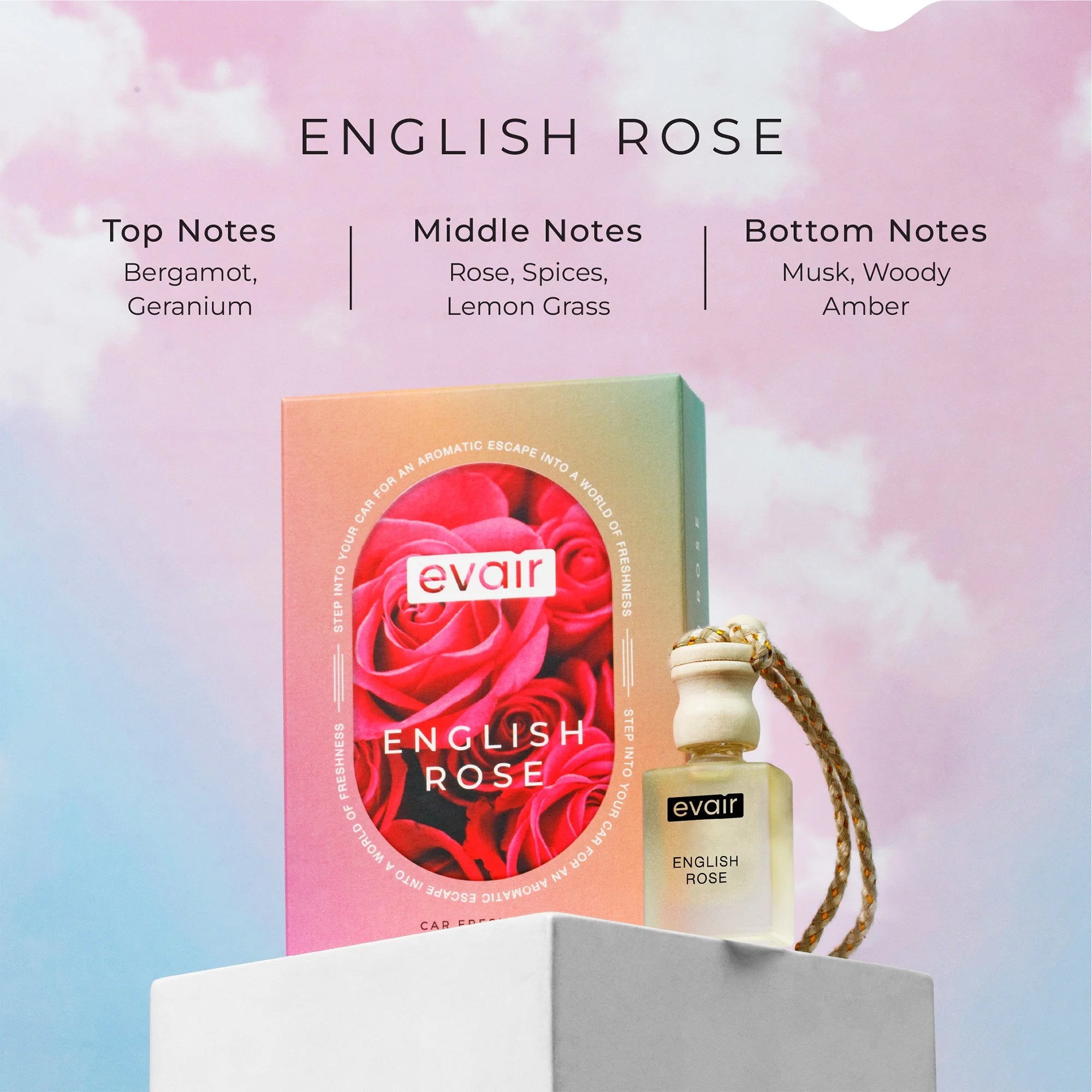Evair English Rose Car Freshener, Hanging Car Diffuser with Essential Oils, Pack of 1