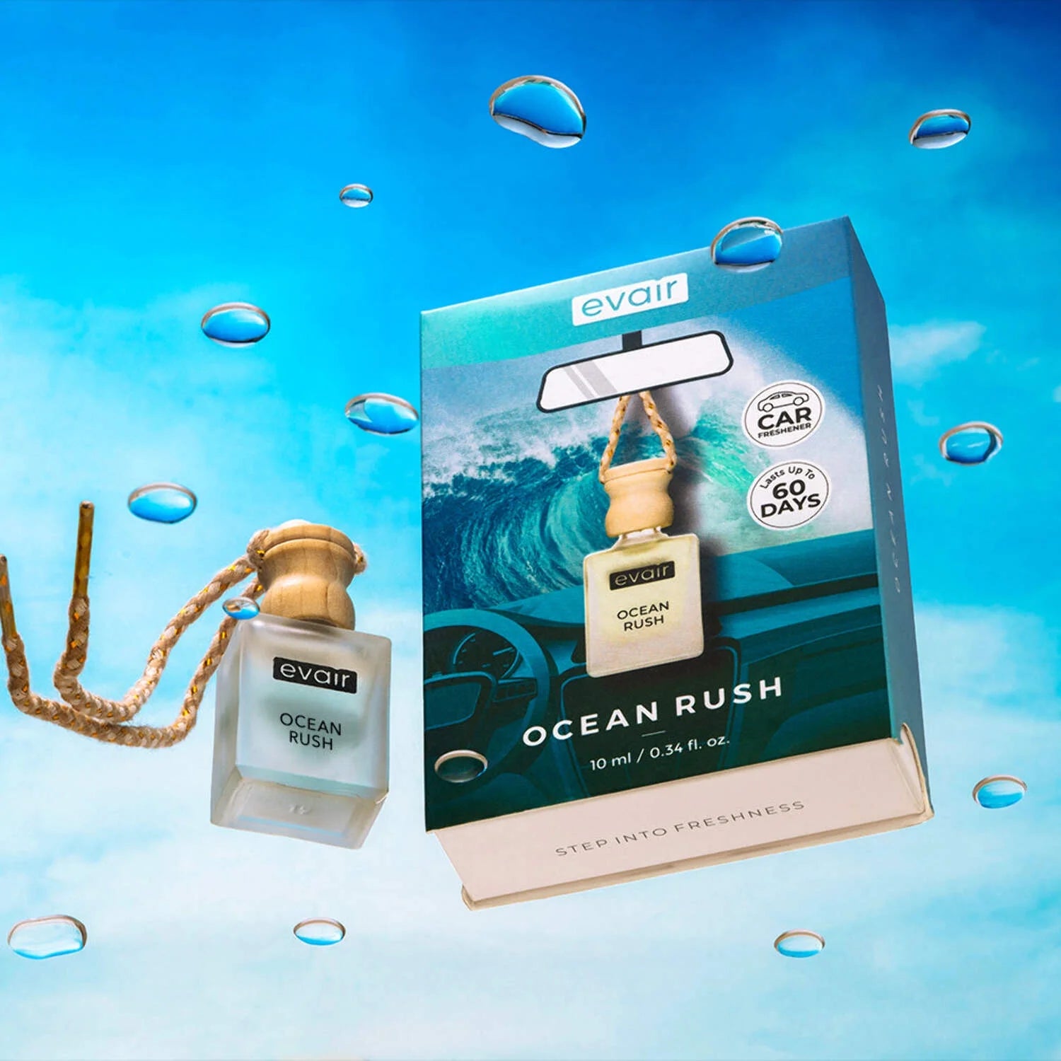 Evair Ocean Rush Car Freshener, Hanging Car Diffuser with Essential Oils, Pack of 1